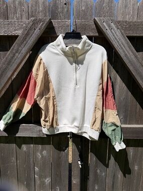 Cream Half-Zip Pullover with Colorblock Sleeve Panels